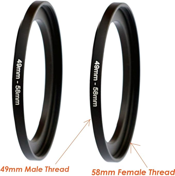 (2 Pcs) 49-58MM Step-Up Ring Adapter, 49mm to 58mm Step Up Filter Ring, 49 mm Male 58 mm Female Stepping Up Ring for DSLR Camera Lens and ND UV CPL Infrared Filter