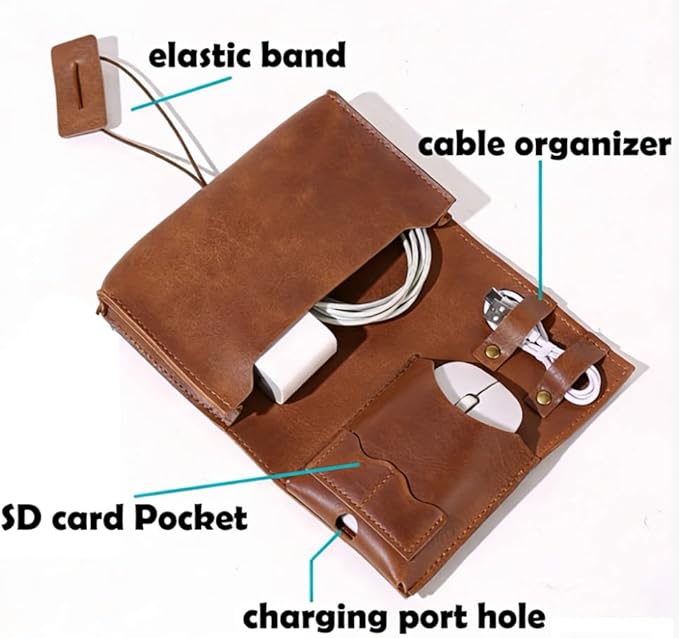Vintage leather Electronic organizer travel case,cord keeper travel pounch, charger shortage for essentials mouse, adapter, cables,Cable Straps,Earbud case,wrap (Brown leather with band & Organizer)