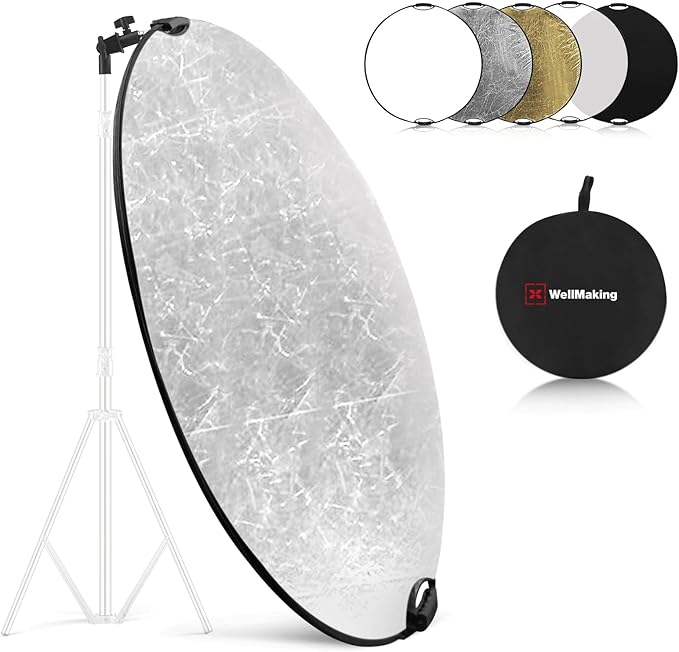 WELLMAKING 32 Inch (80cm) Reflector Photography, Collapsible Light Reflector with Bag & tilt Adapter, 5 in 1 Handle Reflector for Studio & Outdoor Lighting -Translucent, Silver, Gold, White and Black