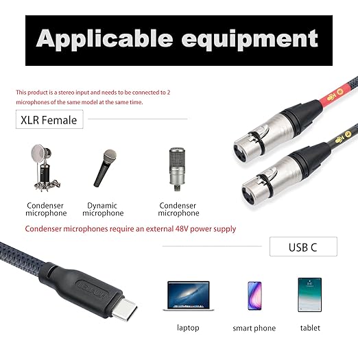 HUALUE 6.6FT Duplex XLR-Type USB-C Stereo Recording Cable, iPhone Mic Cable with USB-C to XLR Female for iPhone 15 & iPad