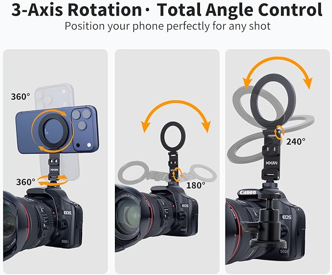 Magnetic Phone Tripod Mount Adapter with 1/4" Thread, Cold Shoe Phone Holder for Camera. Compatible with MagSafe for iPhone, 360° Rotatable, Foldable, Portable Design for Photography Video Vlog