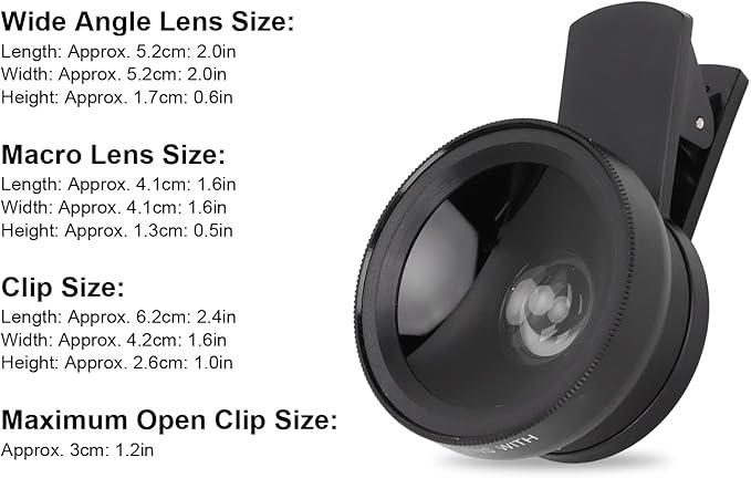 Phone Lens, 2 in 1 Clip on 0.45x Wide Angle+12.5X Macro Lens, Universal HD Camera Lens Kits for Mobile Phones, Tablets, for Picture Video Taking, with Storage Bag (Black)
