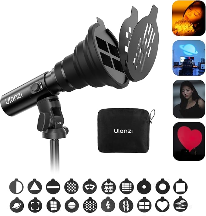 ULANZI LM01 RGB Photography Flashlight - 7500mAh 4 Color Portable LED Video Spotlight with 20 Patterned Light Filters, Handheld Zoomable Fill Light for Video Recording, Photo, Sunset, Content Creation
