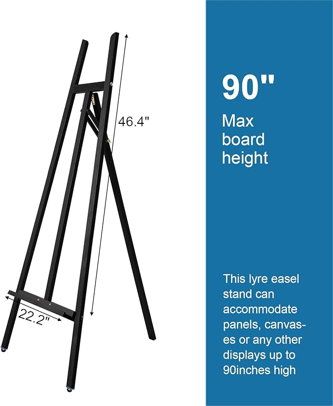 Somime A - Frame Wooden Display Easel - Adjustable Lyre Beechwood Studio Easel Stand Holding Canvas Up to 90", Inclinable Artist Floor Painting Easel for Artwork Painting, Black