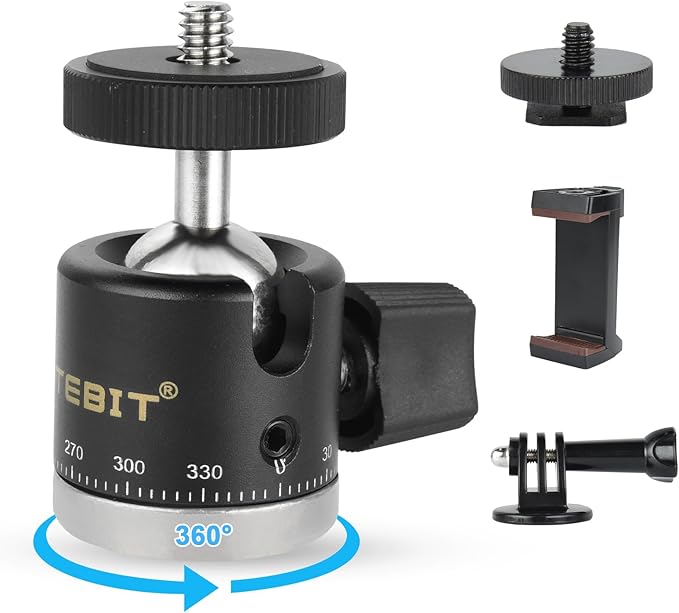 UTEBIT Mini Ball Head, Panoramic Tripod Head with 1/4" Camera Hot Shoe Mount DSLR Camera Mount Adapter Photograph Attachment Accessories for Action Cameras Cam Smartphone Light Microphone