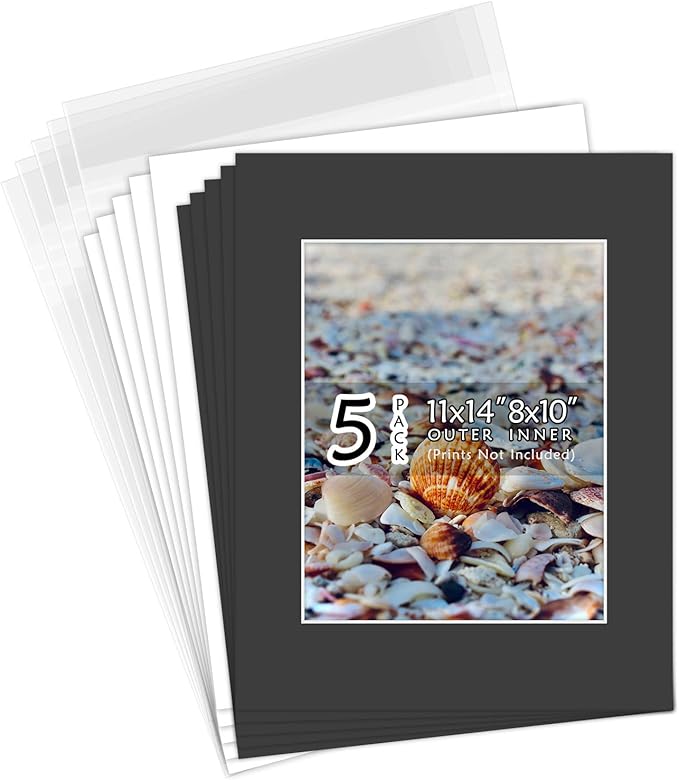 Golden State Art, Acid Free, Pack of 5, 11x14 Black Picture Mats Mattes with White Core Bevel Cut for 8x10 Photo + Backing + Bags