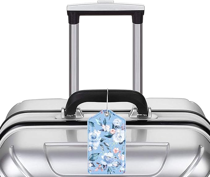 (Set of 2) Luggage Tag Leather Privacy Cover ID Label Address Card with Stainless Steel Loop, Travel Bag Tags Suitcase Labels, Blue Flower