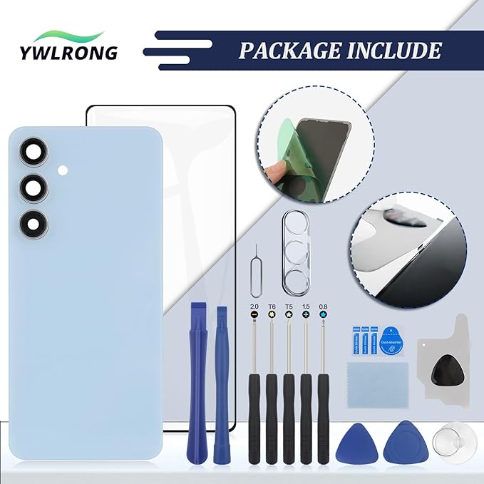 for Samsung Galaxy S24 FE Back Glass Replacement for Samsung S24 FE 5G SM-S721 Rear Glass Replacement Battery Cover Housing Door Accessories Parts with Repair Tools (Blue)