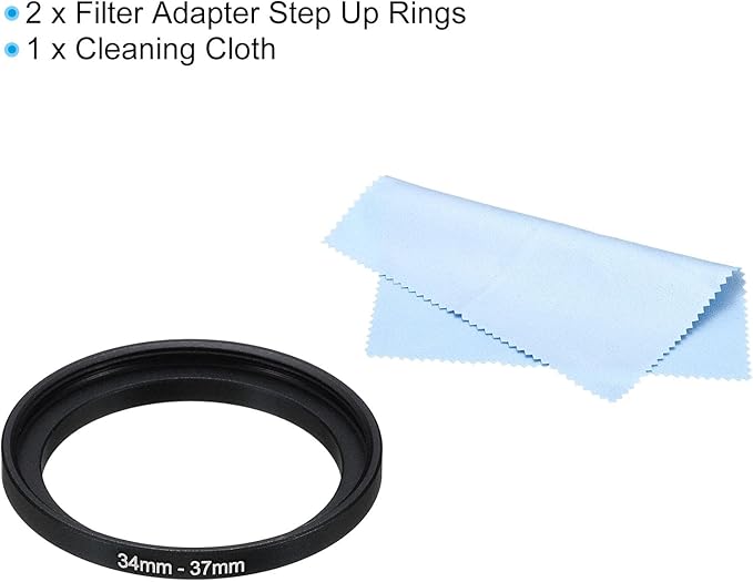 PATIKIL 34mm-37mm Metal Step Up Ring with Cleaning Cloth, 2 Pack Camera Lens Filter Adapter Ring Aluminum Filter Adapter Ring for Camera Lenses Hood, Black