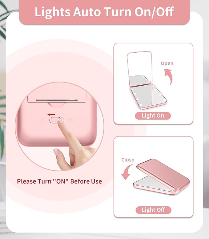 WOBSION Small Mirror with Lights,LED Compact Makeup Mirror,1x/3x Mini Travel Mirror with Magnification,Portable for Purse,Pocket,Gifts for Girls,Rose Gold