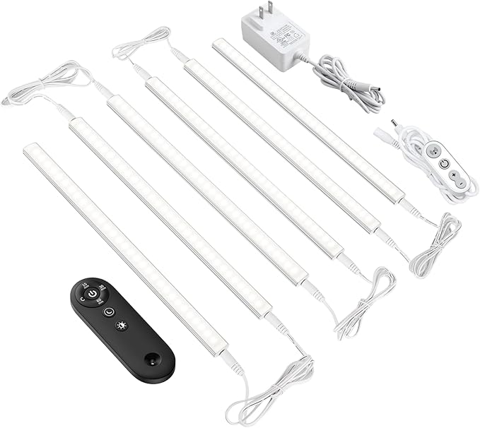 Remote Control Under Cabinet Led Light Plug in, Dimmable Daylight White 4500K, 6 Pack 12 inch Linkable Under Counter Lights for Kitchen Upgrade ETL Listed Plug 24V, UNO-LK 4500K