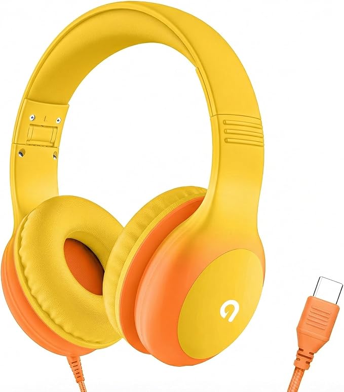 Wired Kids Headphones with USB C Plug, 85dB Safe Volume, Adjustable Headband, Tangle-Free Cord Headphones for School, Tablet, Travel (Yellow & Orange, Without Microphone)