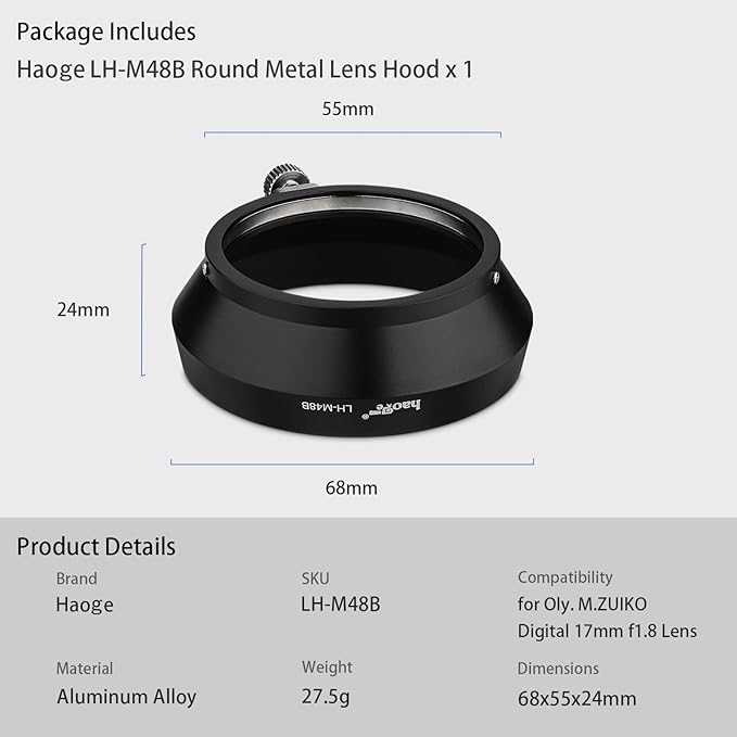 Haoge LH-M48B Metal Lens Hood Shade for Olympus M.ZUIKO Digital 17mm F1.8 17 1.8 Lens Replaces LH-48B Black