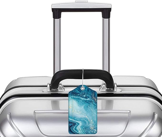 (Set of 2) Luggage Tag Leather Privacy Cover ID Label Address Card with Stainless Steel Loop, Travel Bag Tags Suitcase Labels, Flowing Blue