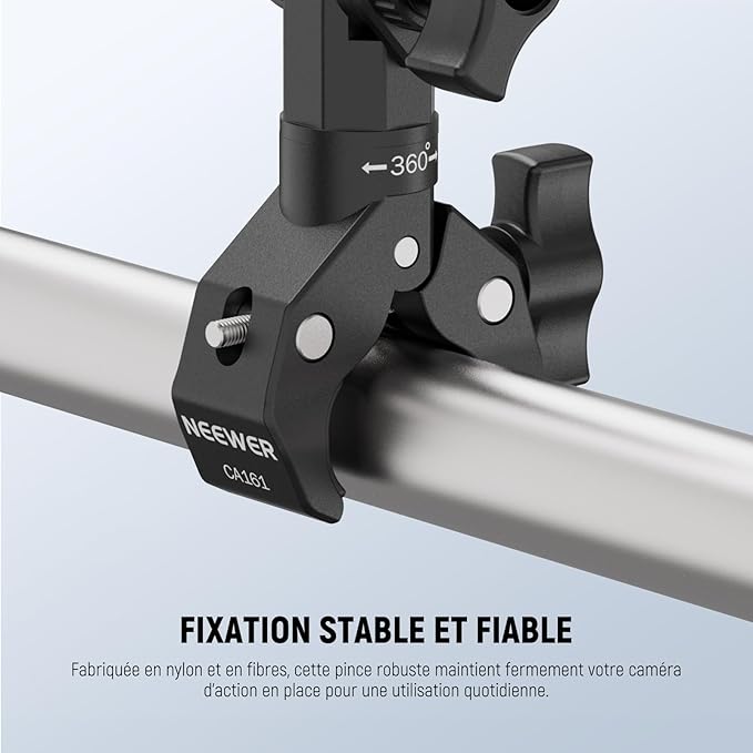 NEEWER Motorcycle Bike Handlebar Clamp Mount, Heavy Duty Clip Holder, 1/4" Screw & 3 Prong Adapter Compatible with Insta360 X5 X4 GoPro Hero 13 12 POV Video Recording, 360° Rotation & 270° Tilt, CA161