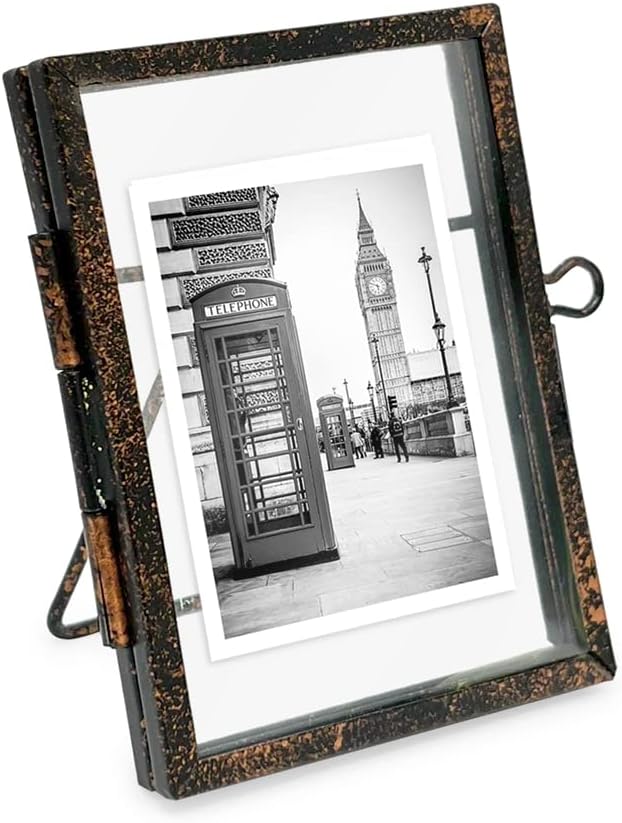 Isaac Jacobs 2x3, Antique Bronze, Vintage Style Brass and Glass, Metal Floating Picture Frame (Vertical) with Locket Closure, for Photos, Art, & More, Tabletop Display (2x3 Antique Bronze)