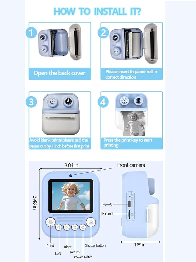 Dual-Lens Instant Print Camera for Kids, 48MP Thermal Instant Printing Camera with 2.4 Inch IPS Screen for Toddler, Boys Girls Christmas Birthday Gifts Photo Printer with 64GB SD Card (Blue)