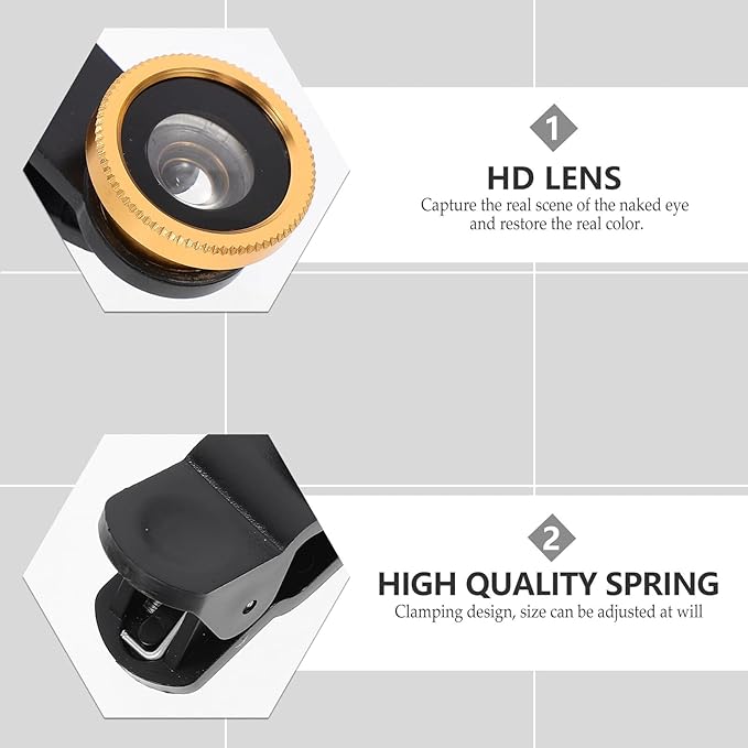3-in-1 Fisheye Wide Angle Macro Camera Lens Kit for Smartphone, Clip-on Phone Lens Attachment, Gold Color, Compatible with Mobile Phones for Landscape and Selfie Photography