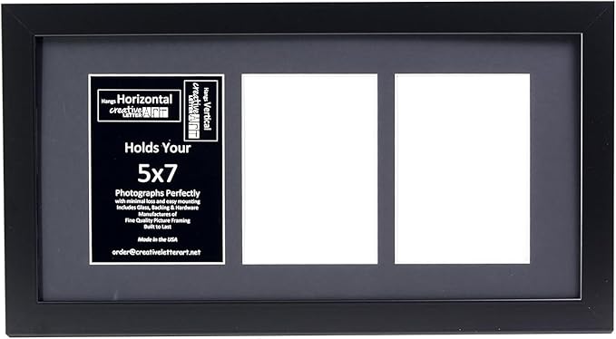 Creative Letter Art - 3 Opening 5x7 Black Picture Frame with 10x20-inch Black Mat Collage including Full Strength Glass, Alphabet Photography