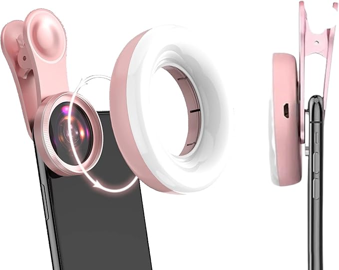 Portable Phone Camera Lens Accessories for Macro Shooting - Wide Angle Pink Macro Lens for iPhone - Camera Attachment for Cell Phone for Girls with Dimming Ring Light and Сonvenient Clip-on
