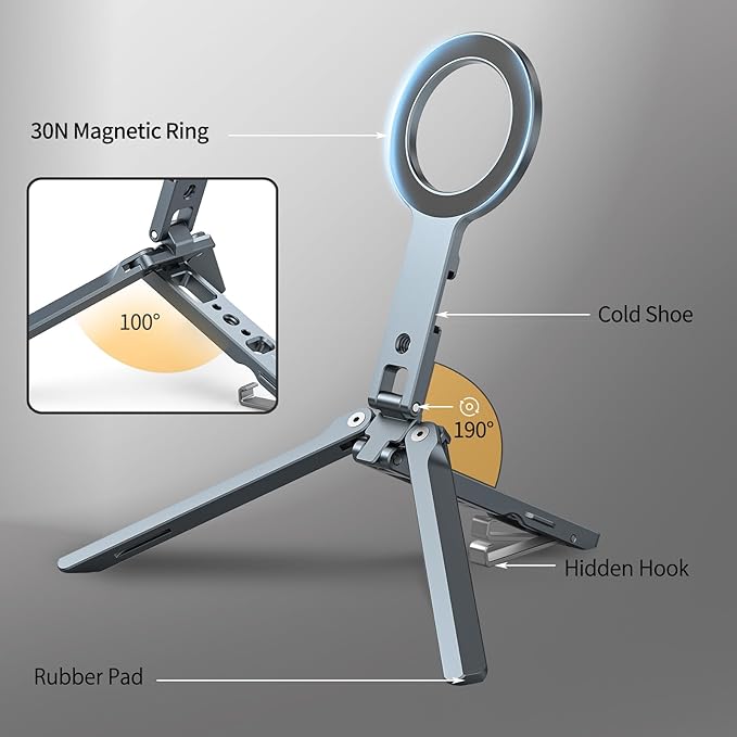 Magnetic Phone Tripod Mount,Aluminium Mini Tripod Pocket Cell Phone Stand with Cold Shoe Mount, 1/4" Screw & Foldable Hook Compatible for iPhone 12/13/14/15/16 & MagSafe Cases