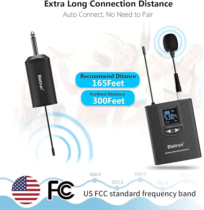 Bietrun UHF Wireless Lavalier Lapel Microphone System/Headset Mic/Stand Mic, 165ft Range, Rechargeable Transmitter Receiver, 1/4" Output, for iPhone,Android,PA Speaker,DSLR Camera,YouTube, Recording