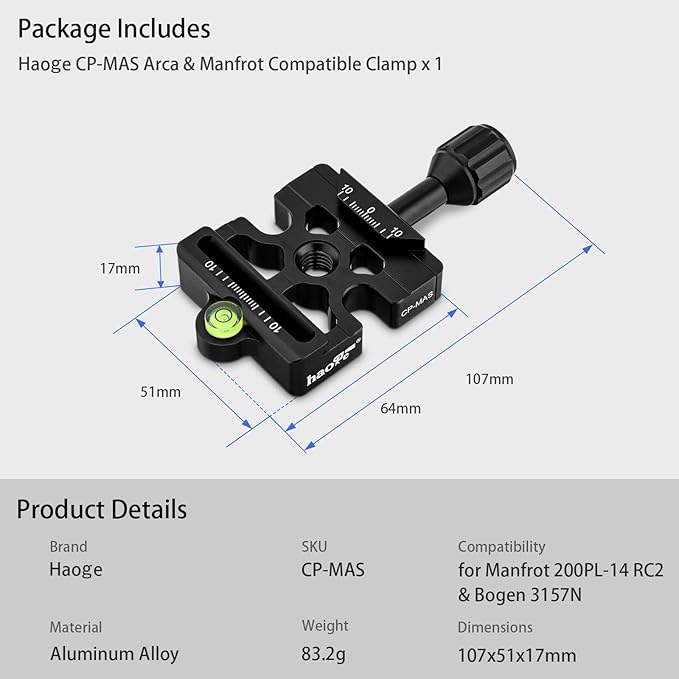 Haoge CP-MAS Screw Knob Clamp Adapter Mount for Quick Release QR Plate Camera Tripod Ballhead Monopod Ball Head Fit Arca Swiss and Manfrotto 200PL-14 RC2 Plate