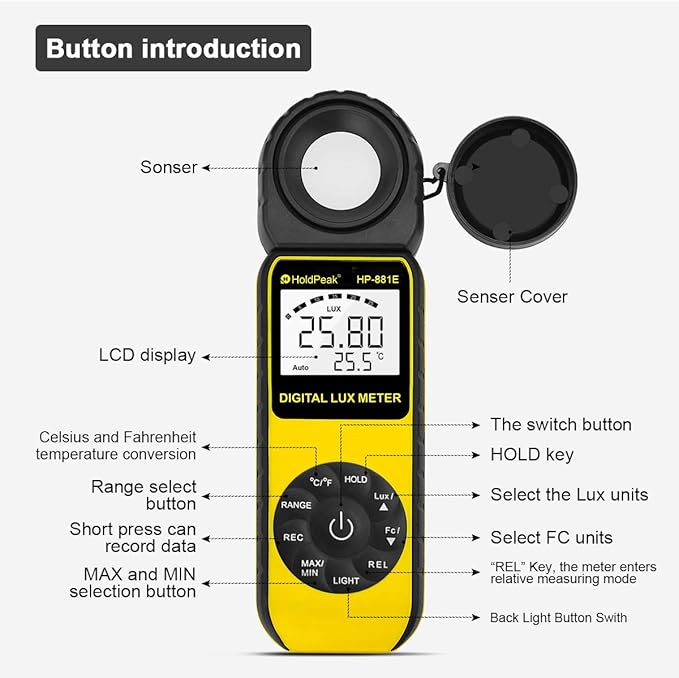 HOLDPEAK Digital Light Meter, Digital Illuminometer/Light Meter with 1~300,000 Lux (1~30,000 FC) Measuring Ranges and 270° Rotated Sensor for LED Lights and Plants Lumen Meter, 881E