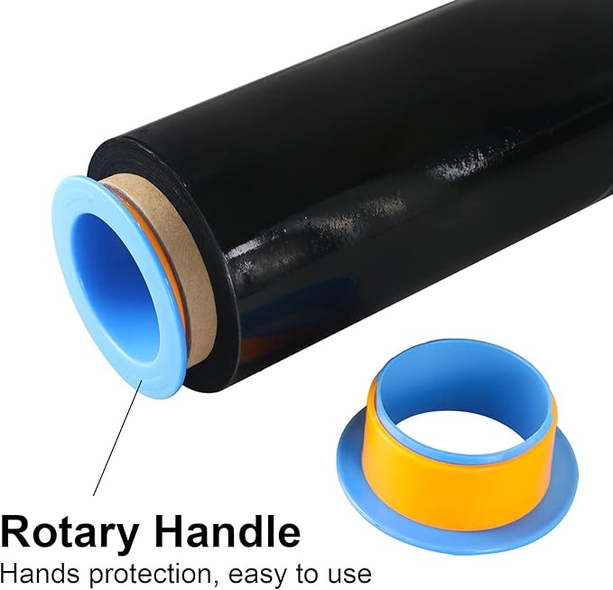 BOMEI PACK 1 Pack 1200ft Industrial Black Stretch Wrap Film 70 Gauge 15" with 3inch Plastic Rolling Handles for Pallet Wrap, Durable Self-Adhering Packing, Moving, Heavy Duty Shrink Film