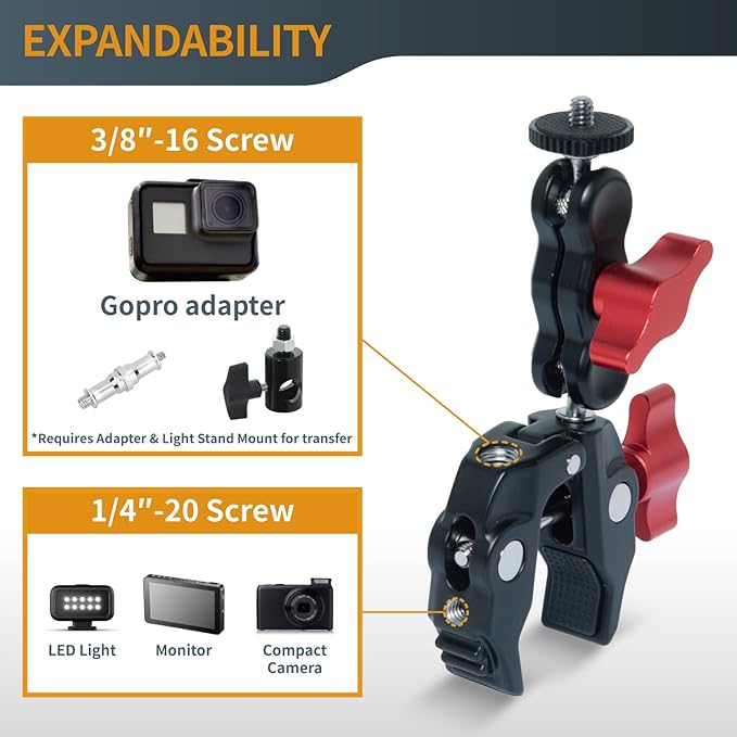 POWERTEC Super Clamp Camera Mount 360° Double Ball Head Adapter with GoPro/Phone Tripod Mount and Tripod Head for Bike, Desk, Mini Projector, Photography Lighting (71925)
