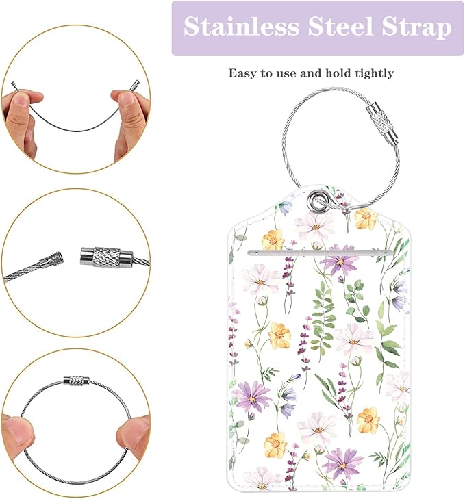 (Set of 2) Luggage Tag Leather Privacy Cover ID Label Address Card with Stainless Steel Loop, Travel Bag Tags Suitcase Labels, White Daisy