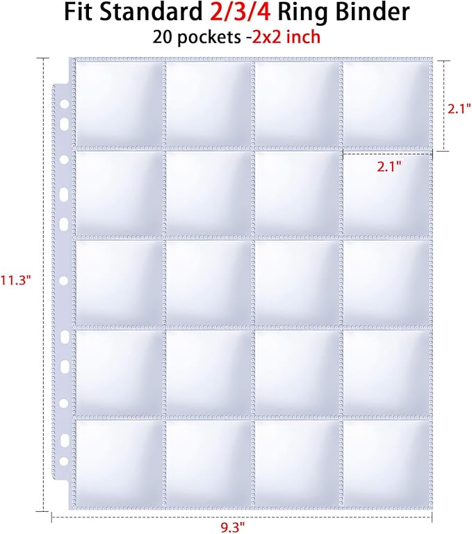 30 Pack 600 Pockets 2x2” Coin Flip Sleeves, Heavy Duty Stamp Collection Pages for 3 Ring Binder, 20 Pocket Photo Slide Flips Organizer Sheet, Top Loading Clear Cardboard Coin Holder Sleeves