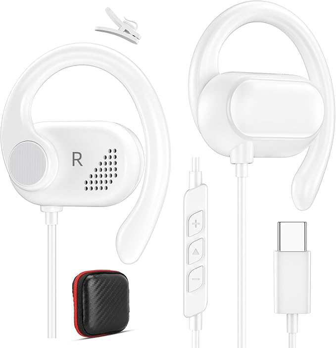APETOO USB C Open-Ear Headphones with Adjustable Earhook, Mic & Volume Control, Wired Earbuds HiFi Stereo Anti-Hurt Ear On-Ear Earphone for iPhone 17 16 15/Samsung S26 Kids School Chromebook Travel