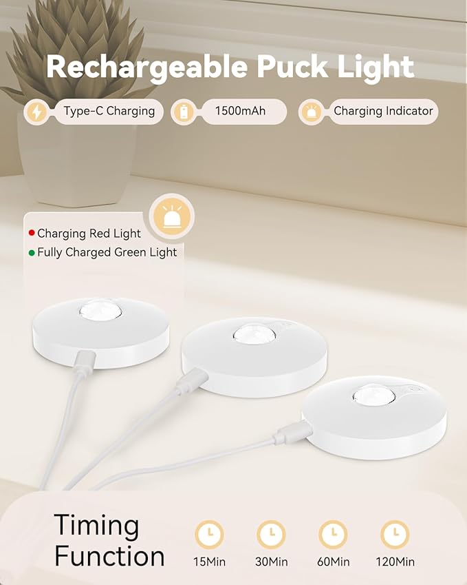 Rechargeable RGB Puck Lights with Remote Control, 1500mAh Battery Operated Push Lights, Dimmable & Timer Under Cabinet Lighting for Closet, Bedroom, Kitchen White 3Pcs