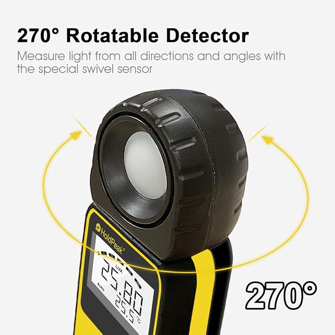 HOLDPEAK Digital Light Meter, Digital Illuminometer/Light Meter with 1~300,000 Lux (1~30,000 FC) Measuring Ranges and 270° Rotated Sensor for LED Lights and Plants Lumen Meter, 881E