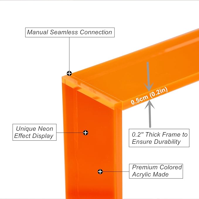Gelite Acrylic 5X7 Picture Frame to Display 5x7 4x6 Pictures Mat-free Neon Floating Photo Frame for Wall and Tabletop, Neon Orange