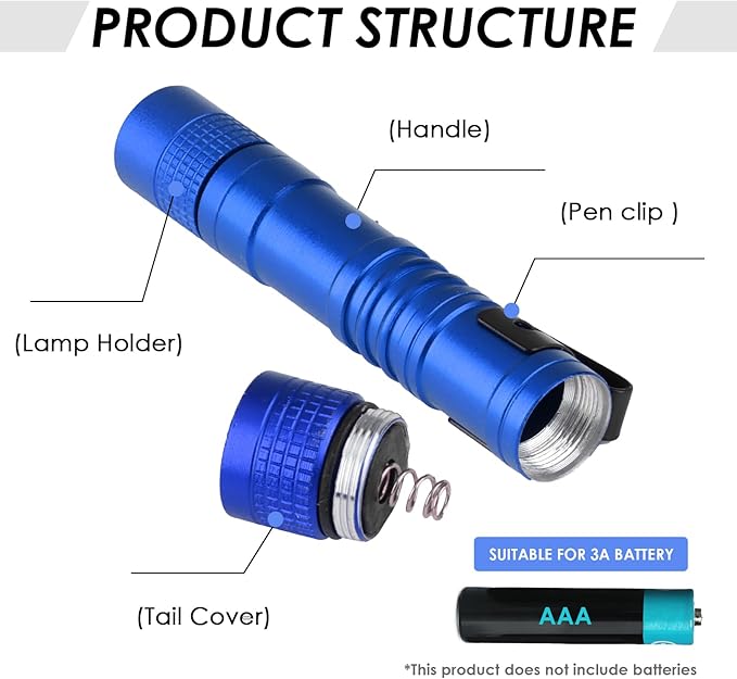 Mini Flashlight, AAA Small Pen Light with Clip, Portable 500lm Pocket Pen Flashlight for Inspection Repair Outdoor Emergency (3 Pack, Blue, 3.5")