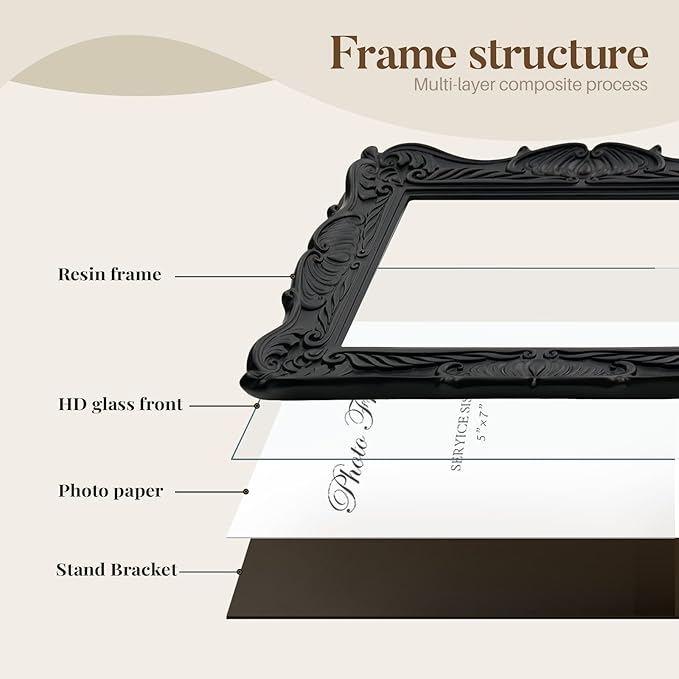 Cuspin 5x7 Black Picture Frame, Vintage Photo Frame Retro Gothic Home Decor Decorative Hand-Carved Resin with Detailed Design for Tabletop Display or Wall Hanging