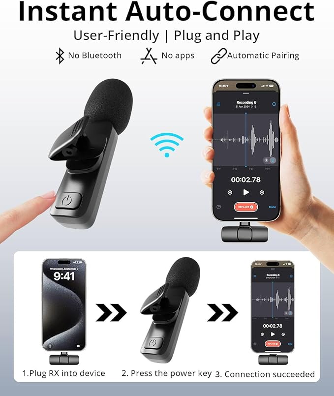 Wireless Lavalier Microphone for iPhone - Android, iPad, Tablets, Bluetooth Mini Microphone with Noise Canceling,82FT Transmission,6H Battery Life, Professional Lapel Mic for Video Recording
