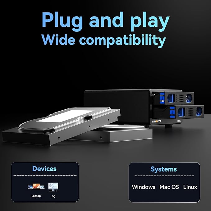CENMATE Aluminum Dual Bay Hard Drive Enclosure with Cooling Fan for 2.5“/3.5" SATA HDD/SSD with USB A/C 3.0, Support Hot Swappable, Daisy Chain Expansion, Tool-Free HDD Enclosure, DAS(NO RAID/NAS)