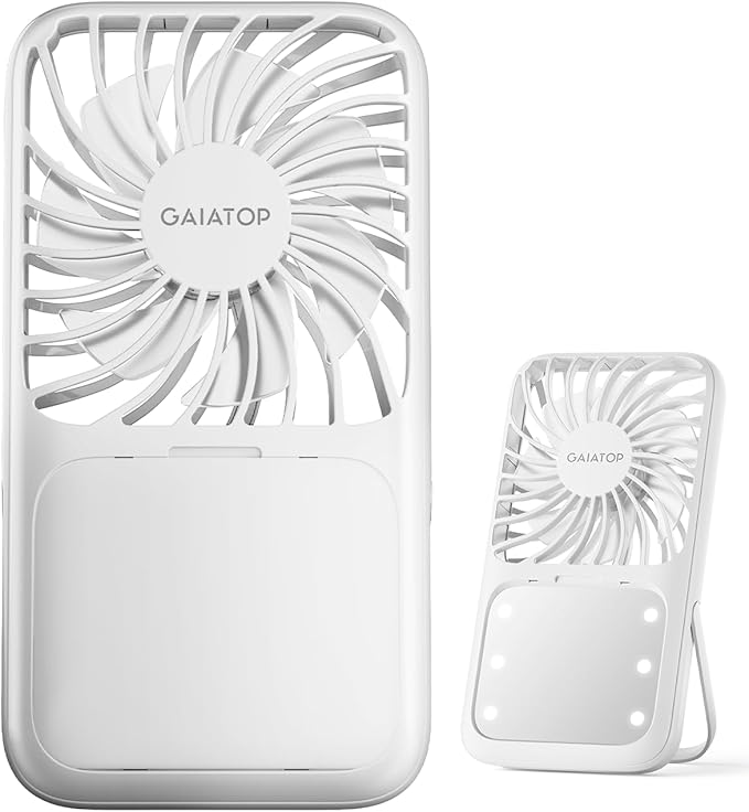 Gaiatop Portable Handheld Fan, 3 Speed LED Makeup Mirror with Light, Folding Stand for Desktop, Rechargeable Mini Personal Fans Small Travel Essentials Gifts for Women Girls