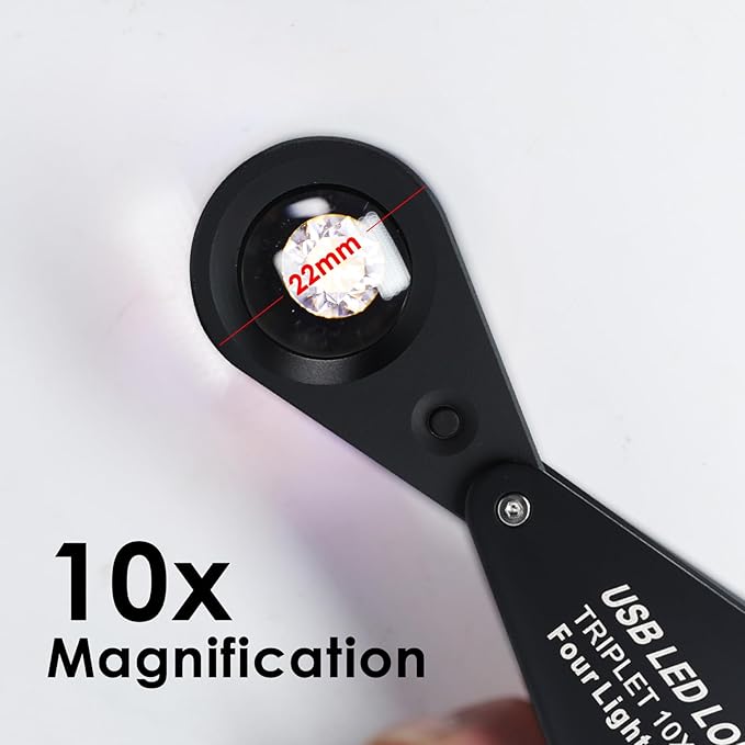 10X Jewelers Loupe with UV & LED Lights with Four Light Modes,22mm Portable Pocket Folable Loupe Jewelry Magnifier for Jewelry, Rocks, Coins (Black)