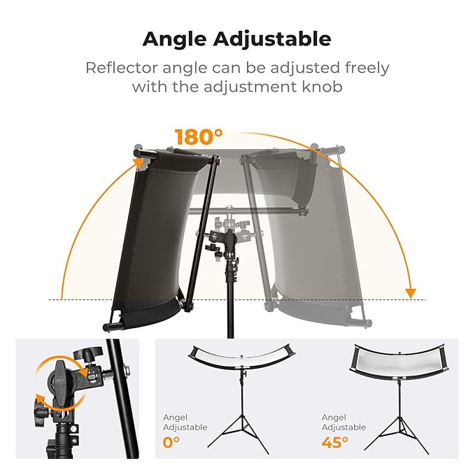 K&F CONCEPT U-Shape Reflector Curved Reflector 100x45cm with 4-in-1 Reflective Fabric, Black/Gold/White/Silver, with 1.5m Stand, with Storage Bag, for Photography Studios