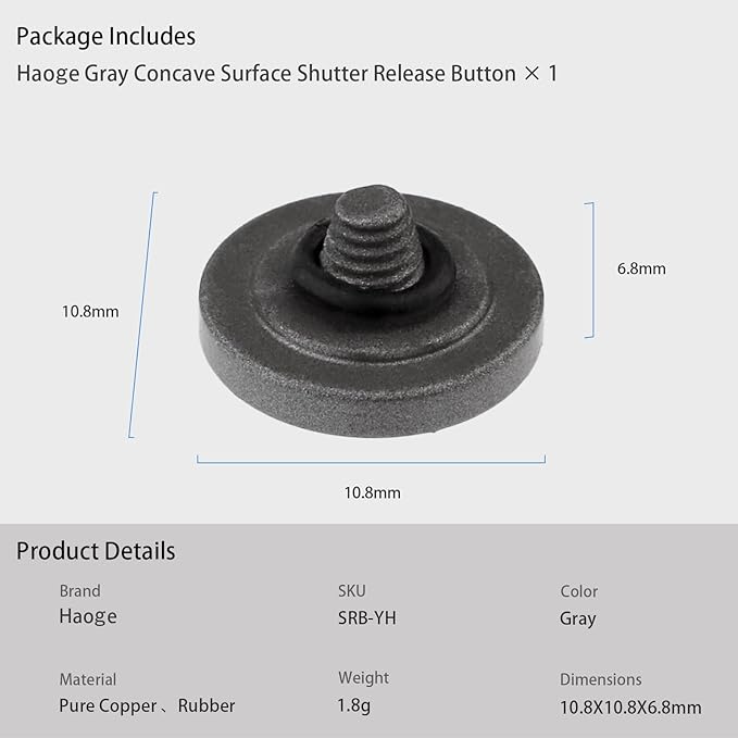 Haoge Metal Shutter Release Button for Canon F-1 Nikon ZF DF M2 F3 Olympus Pen-F PENF Fujifilm X-Pro2 XPro2 X-Pro3 XPro3 X-T30 XT30 X100F X100V XE5 XM5 Concave Surface Gray