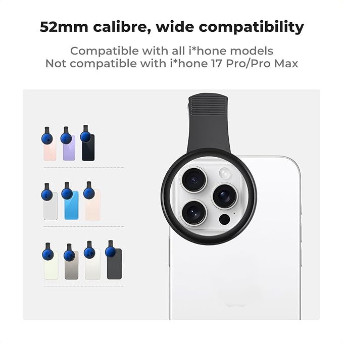 K&F CONCEPT 52mm Clip-on ND2-400 Phone Camera Lens Filter Kit, Adjustable Neutral Density Filter Compatible with iPhone 16 15 14 13 12 11