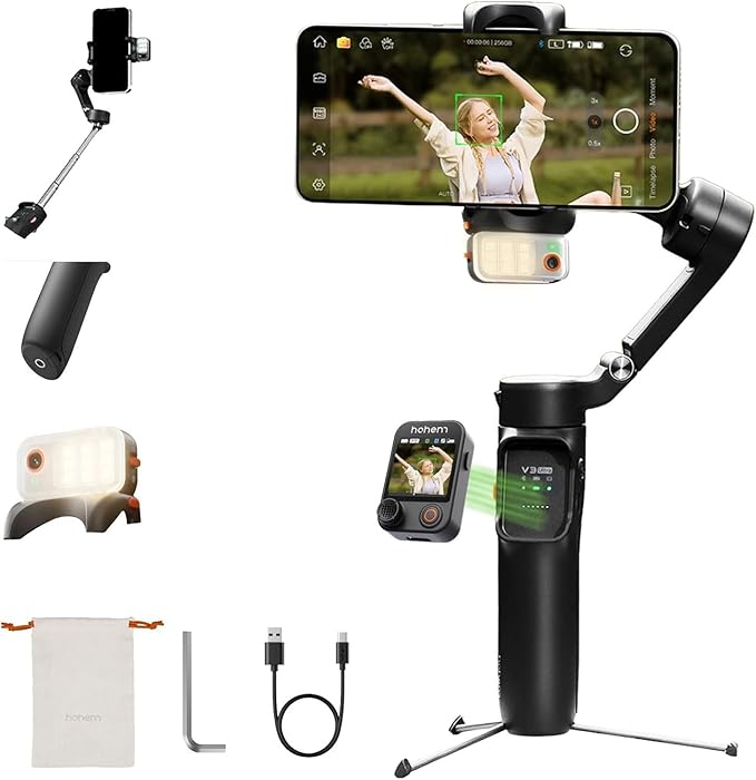hohem iSteady V3 Ultra Gimbal Stabilizer for iPhone,Phone Gimbal with AI Tracking and Bi-Fill Light Built-in Extendable Rod & Tripod,Detachable Remote Control,Stabilizer for Video Recording (Black)