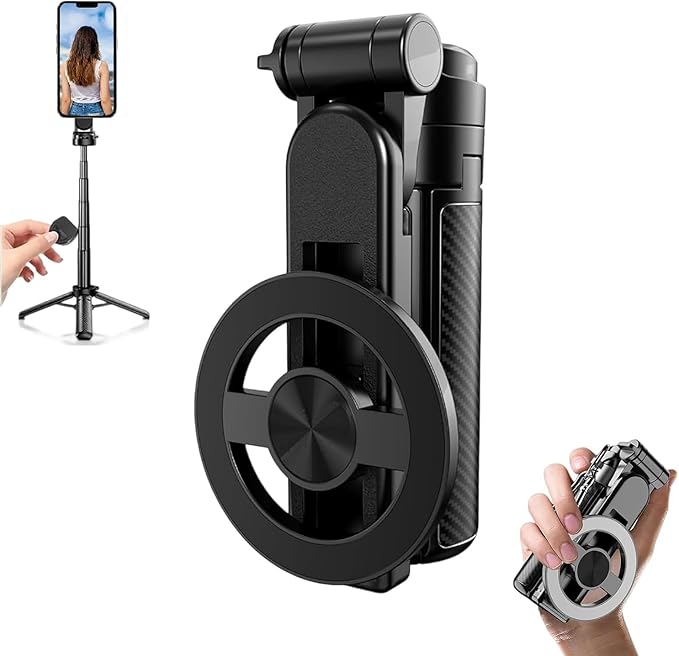 4-in-1 Multifunctional 360° Rotation Magnetic Selfie Stick for iPhone/Android - Portable Extendable Tripod with Detachable Remote, Universal Phone Mount & Metal Ring (Magnetic)