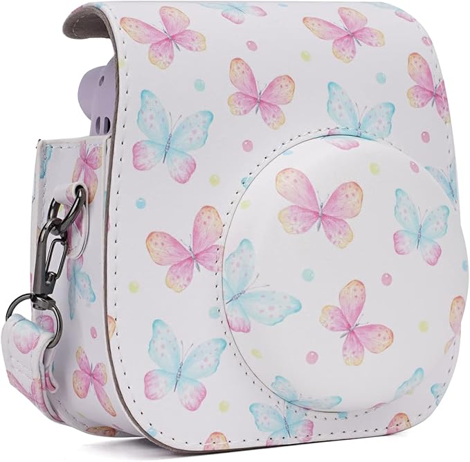 Frankmate Instant Camera Case Compatible with Fujifilm Instax Mini 11/9/8/8+ PU Leather Bag with Pocket and Adjustable Shoulder Strap Mini Photo Album (Pink Butterfly)