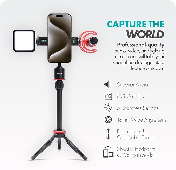 Movo iVlog1-IP Vlogging Kit for iPhone 15/16/17 and up - USB-C Compatible YouTube Starter Kit - with Shotgun Microphone, Mini Tripod, LED Light, Wide-Angle Lens, USB C Adapter, VXR10-PRO