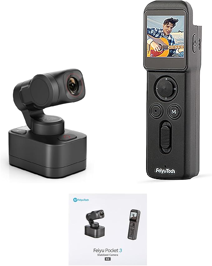 FeiyuTech [Official Pocket 3 KIT Detachable 3-Axis Gimbal Stabilized Action Camera,12MP,130° FOV,1/2.3" CMOS,4K 60 Video,Magnetic,AI Tracking,for Sport/Motorcycle,Cordless (Remote Handle+Camera)